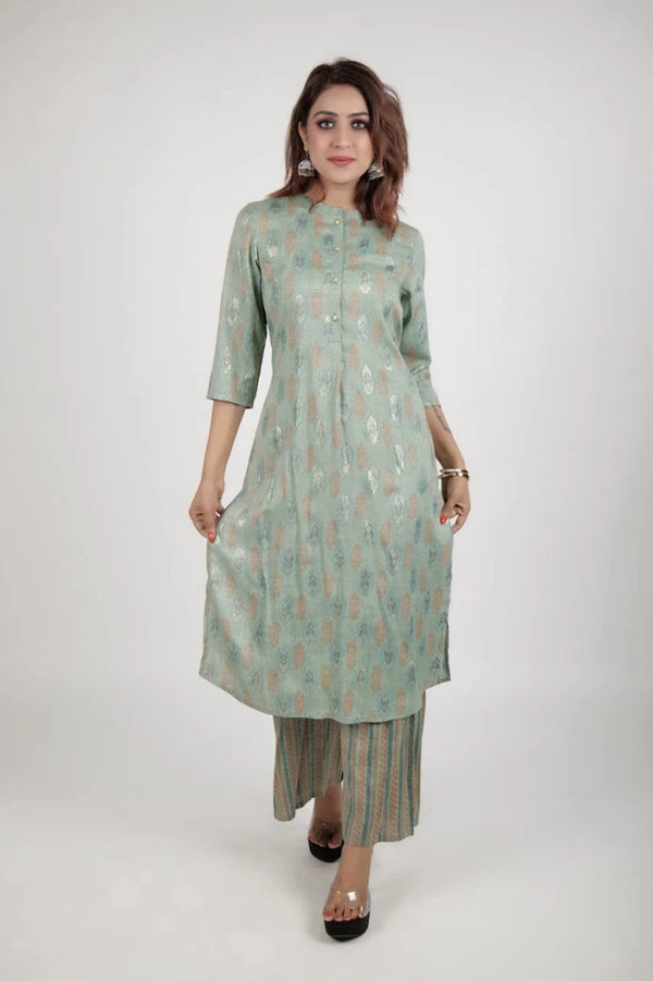 Seafoam and Metallic Foil Print Kurta with Striped Palazzo Set product_color 2 Pcs Set