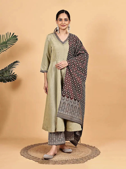 Silk Blend Cream Brown Festive Kurta Set with Tassel Dupatta product_color KURTA SET