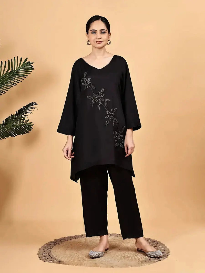 Solid Black Co-Ord Set with Embroidery- Elegant Look