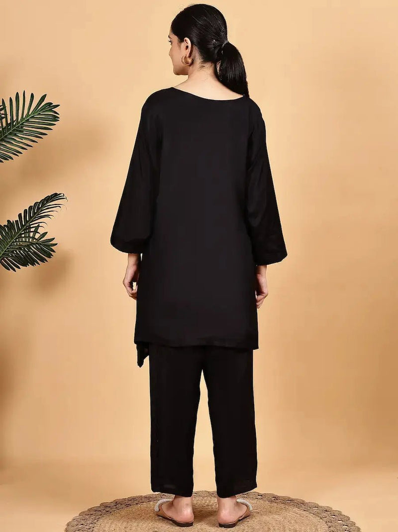 Solid Black Co-Ord Set with Embroidery- Elegant Look