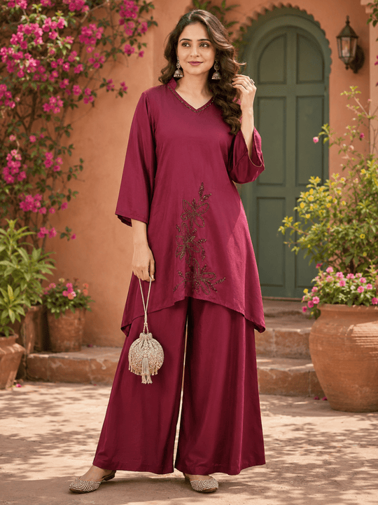 Solid Wine Co-Ord Set with Embroidery- Elegant Look