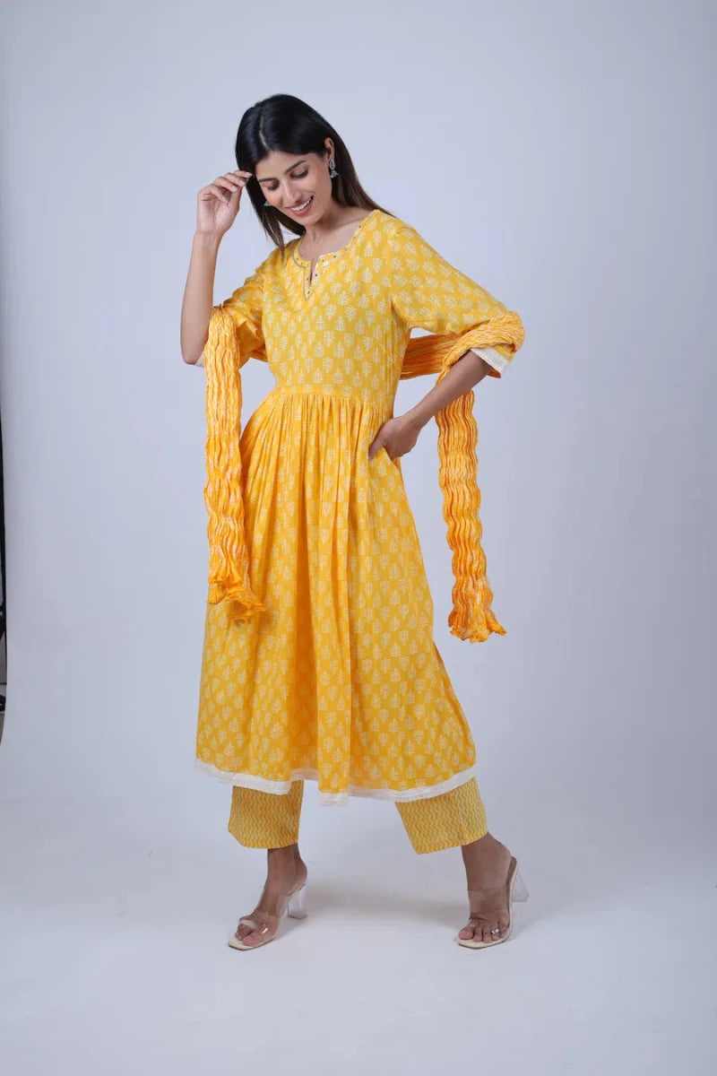Sunshine Yellow Leaf Print Gathered Kurta with Zig-Zag Trousers