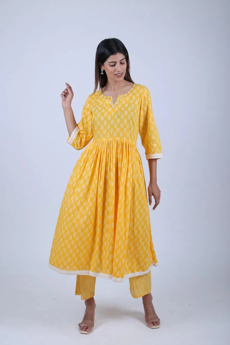 Sunshine Yellow Leaf Print Gathered Kurta with Zig-Zag Trousers