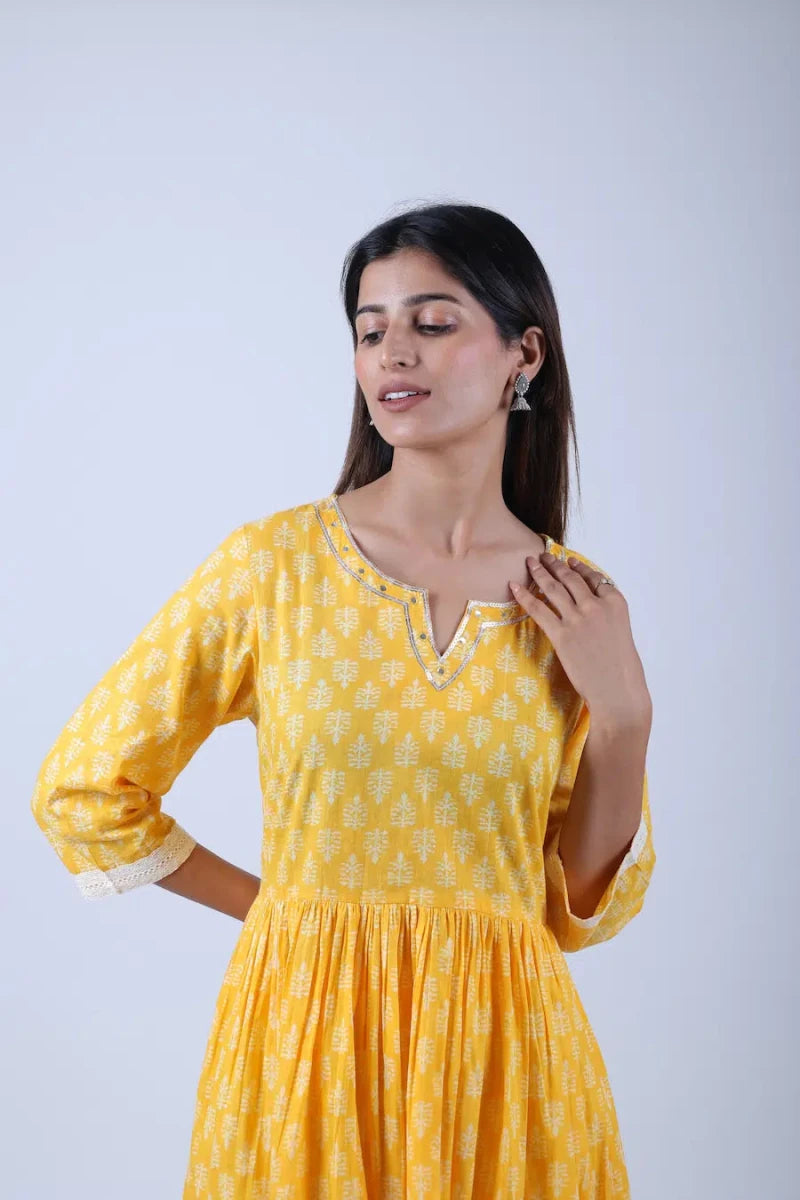 Sunshine Yellow Leaf Print Gathered Kurta with Zig-Zag Trousers