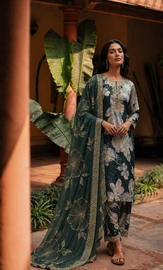 Teal Blue Floral Printed Viscose Jacquard Kurta Set with Dupatta #product_color# 3 PCS SET