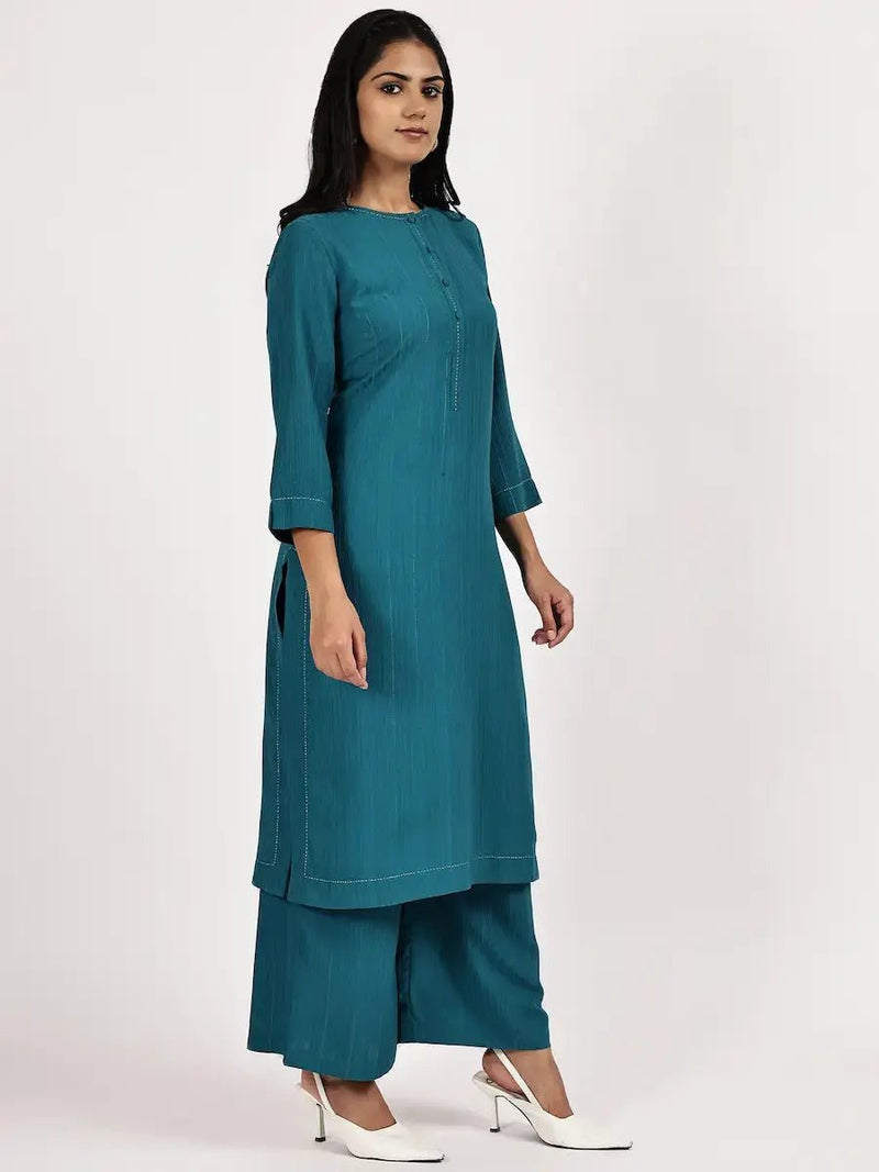 Teal Blue Rayon Kurta with Palazzo for Women – Round Neck & Self-Stripe Pattern