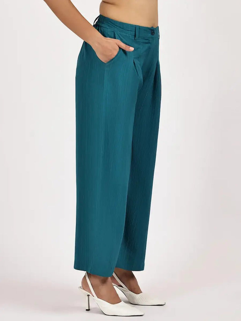 Teal Blue Rayon Kurta with Palazzo for Women – Round Neck & Self-Stripe Pattern