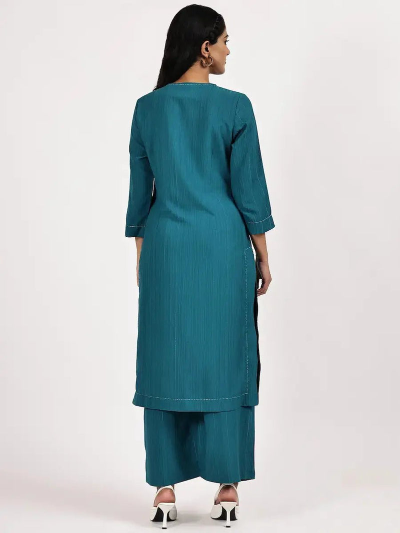 Teal Blue Rayon Kurta with Palazzo for Women – Round Neck & Self-Stripe Pattern