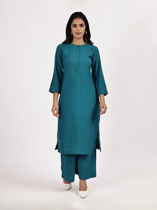 Teal Blue Rayon Kurta with Palazzo for Women – Round Neck & Self-Stripe Pattern
