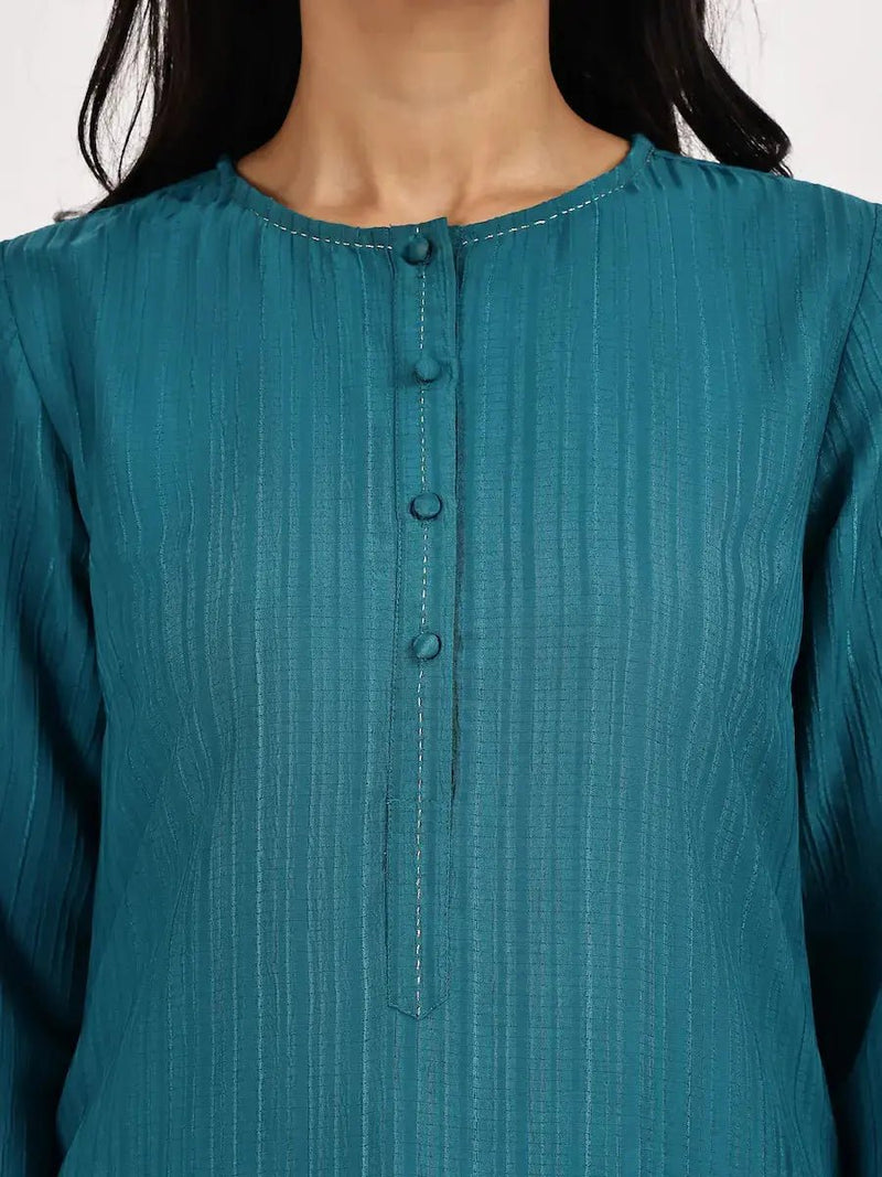 Teal Blue Rayon Kurta with Palazzo for Women – Round Neck & Self-Stripe Pattern