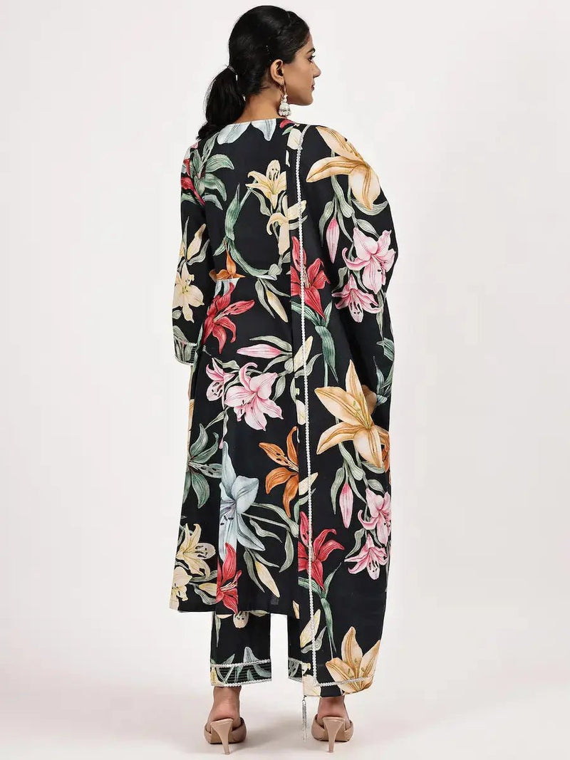 V-Neck Flared Kurta set with Vibrant Floral Print