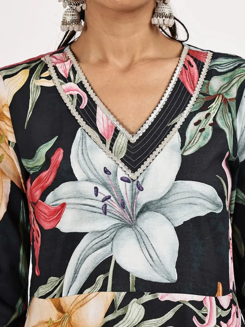 V-Neck Flared Kurta set with Vibrant Floral Print