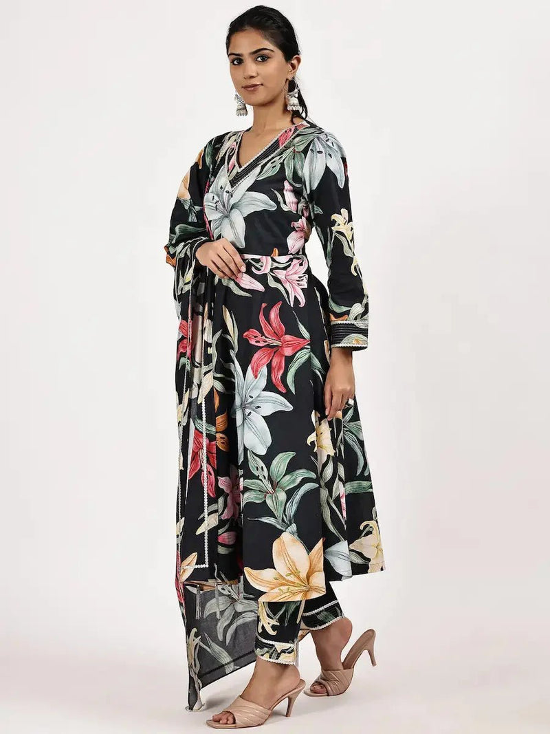 V-Neck Flared Kurta set with Vibrant Floral Print