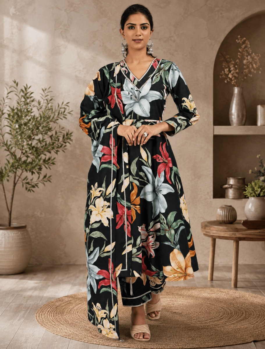 black-printed-anarkali-kurta-set