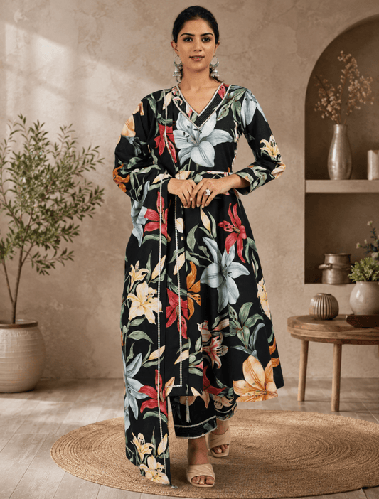 V-Neck Flared Kurta set with Vibrant Floral Print product_color KURTA SET