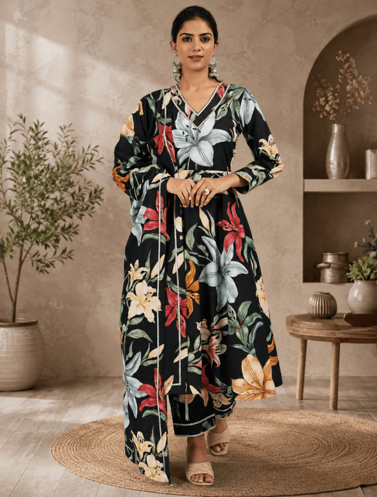 V-Neck Flared Kurta set with Vibrant Floral Print