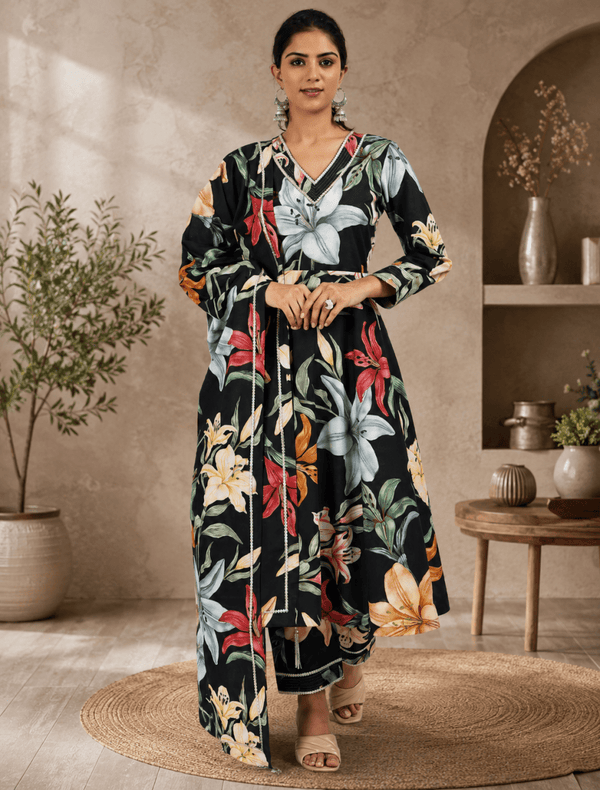 V-Neck Flared Kurta set with Vibrant Floral Print product_color KURTA SET