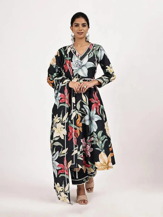 V-Neck Flared Kurta set with Vibrant Floral Print