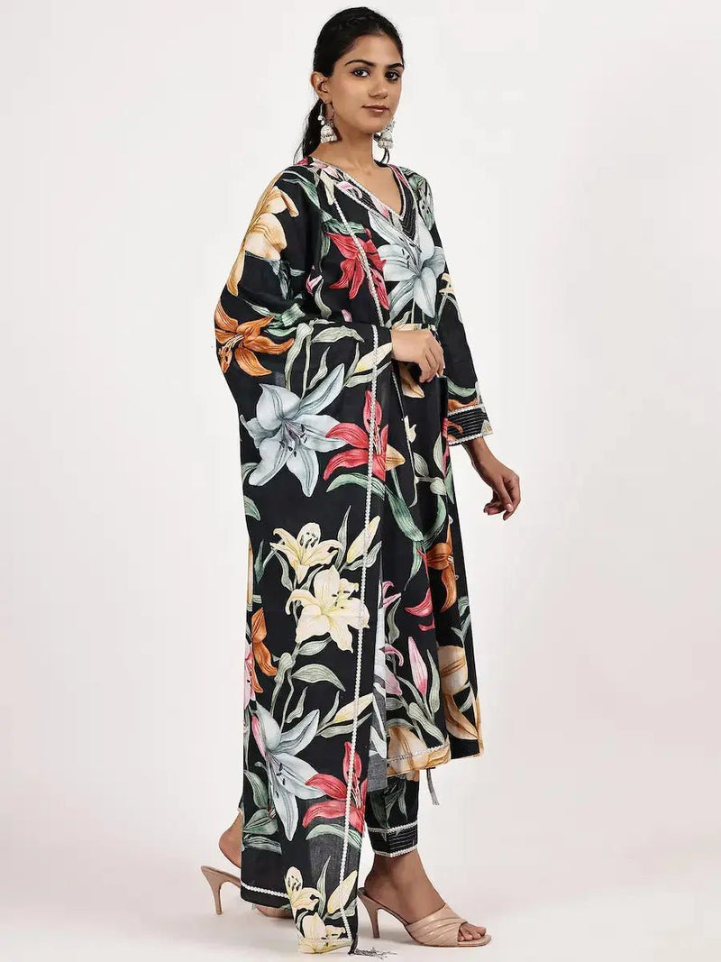 V-Neck Flared Kurta set with Vibrant Floral Print