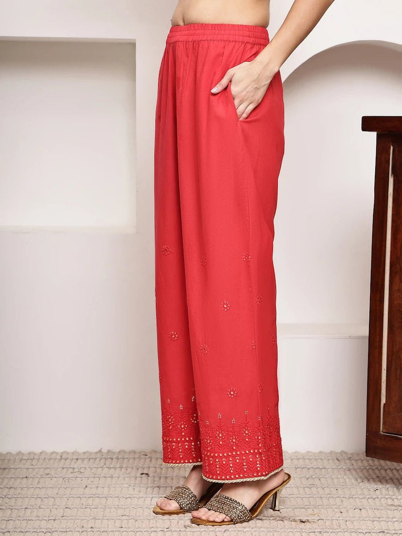 Red Anarkali Kurta Set with Pants & Dupatta