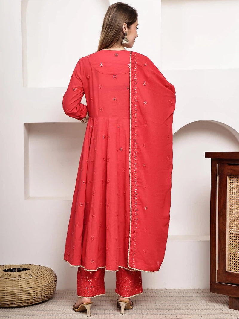 Red Anarkali Kurta Set with Pants & Dupatta