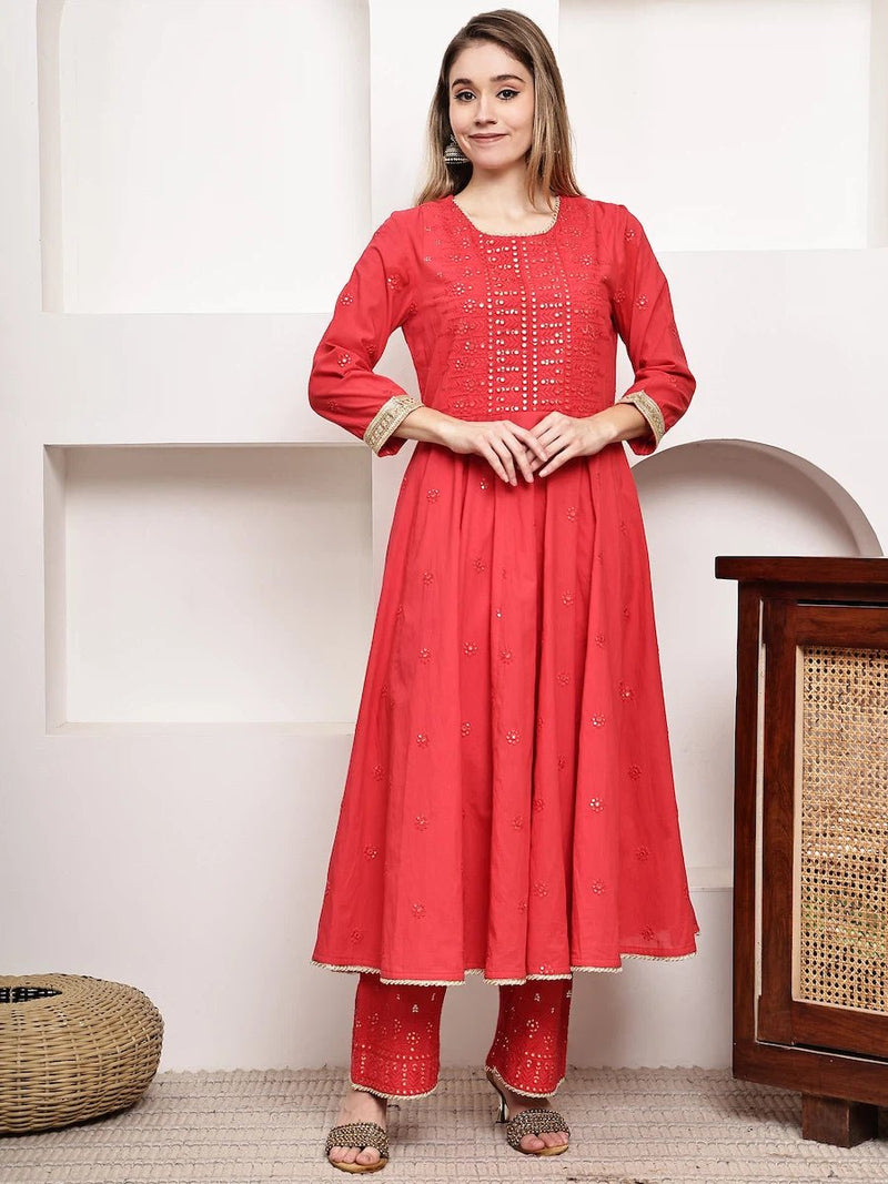Red Anarkali Kurta Set with Pants & Dupatta