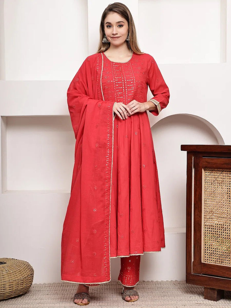 Red Anarkali Kurta Set with Pants & Dupatta
