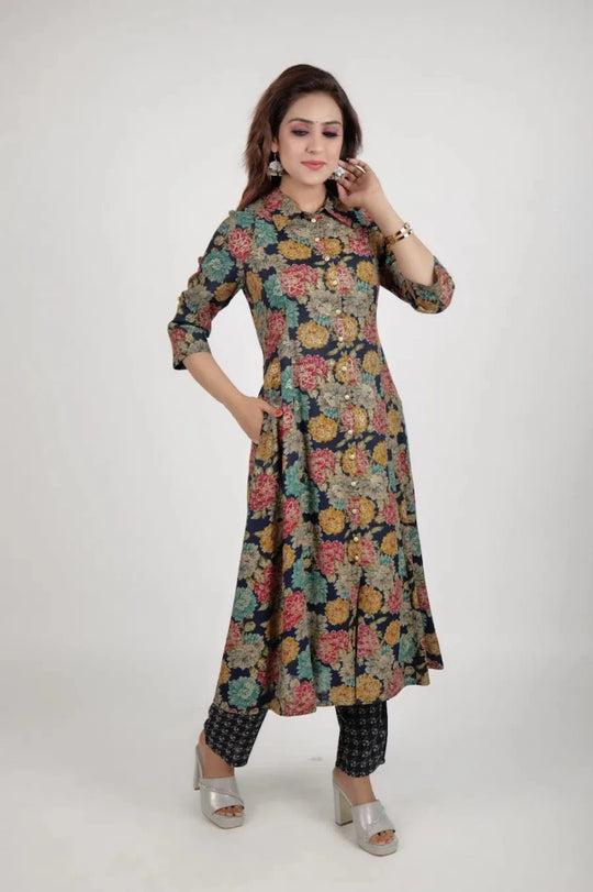 Vintage Floral Shirt-Style Kurta with Contrasting Geometric Trousers