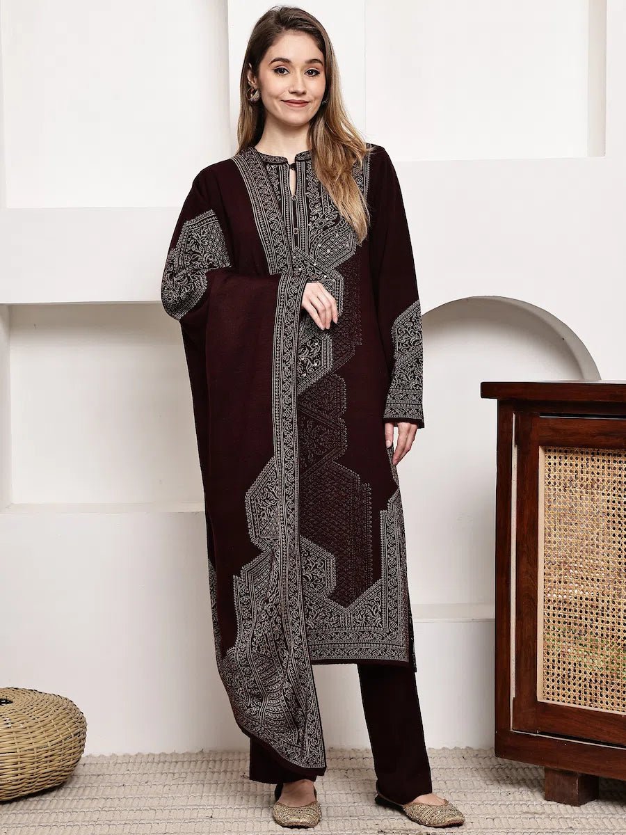 maroon-acrylic-jacquard-winter-kurta-set-with-matching-dupatta