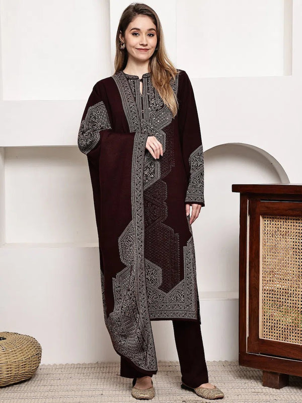 Warm Maroon Winterwear Kurta Set in Acrylic Jacquard with Matching Dupatta product_color Winter Wear