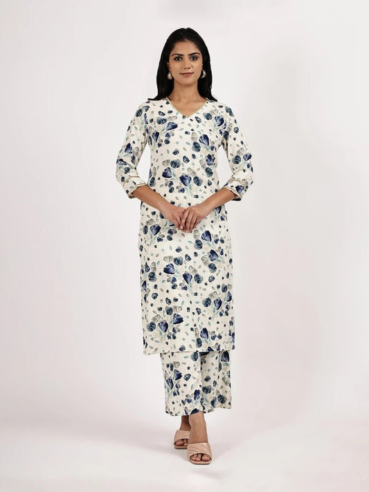 White & Blue Floral Printed Kurta with Pant product_color 2 Pcs Set
