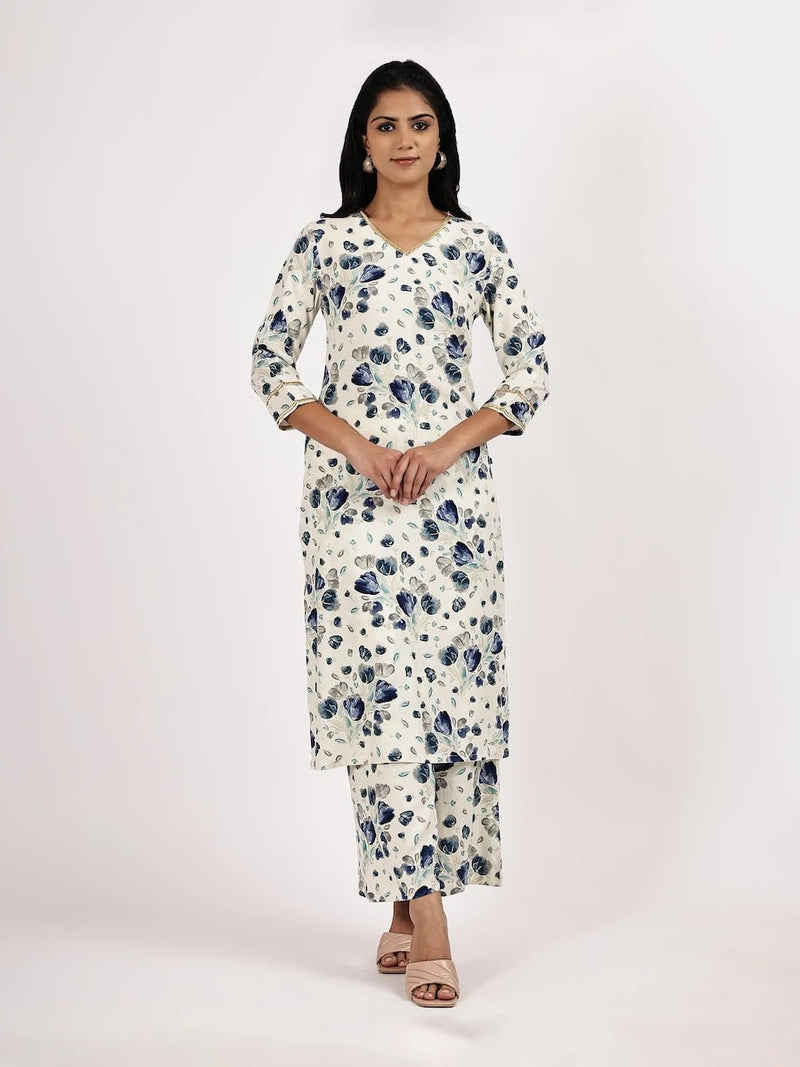 White & Blue Floral Printed Kurta with Pant