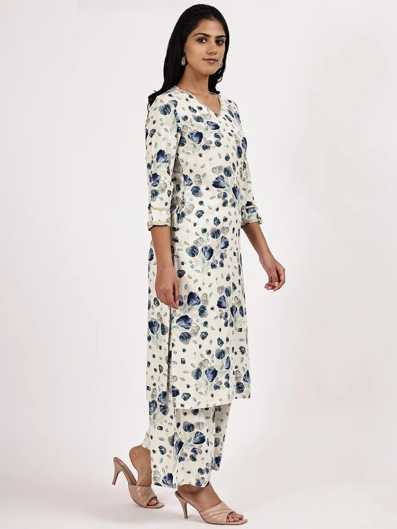 White & Blue Floral Printed Kurta with Pant
