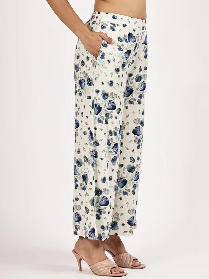 White & Blue Floral Printed Kurta with Pant