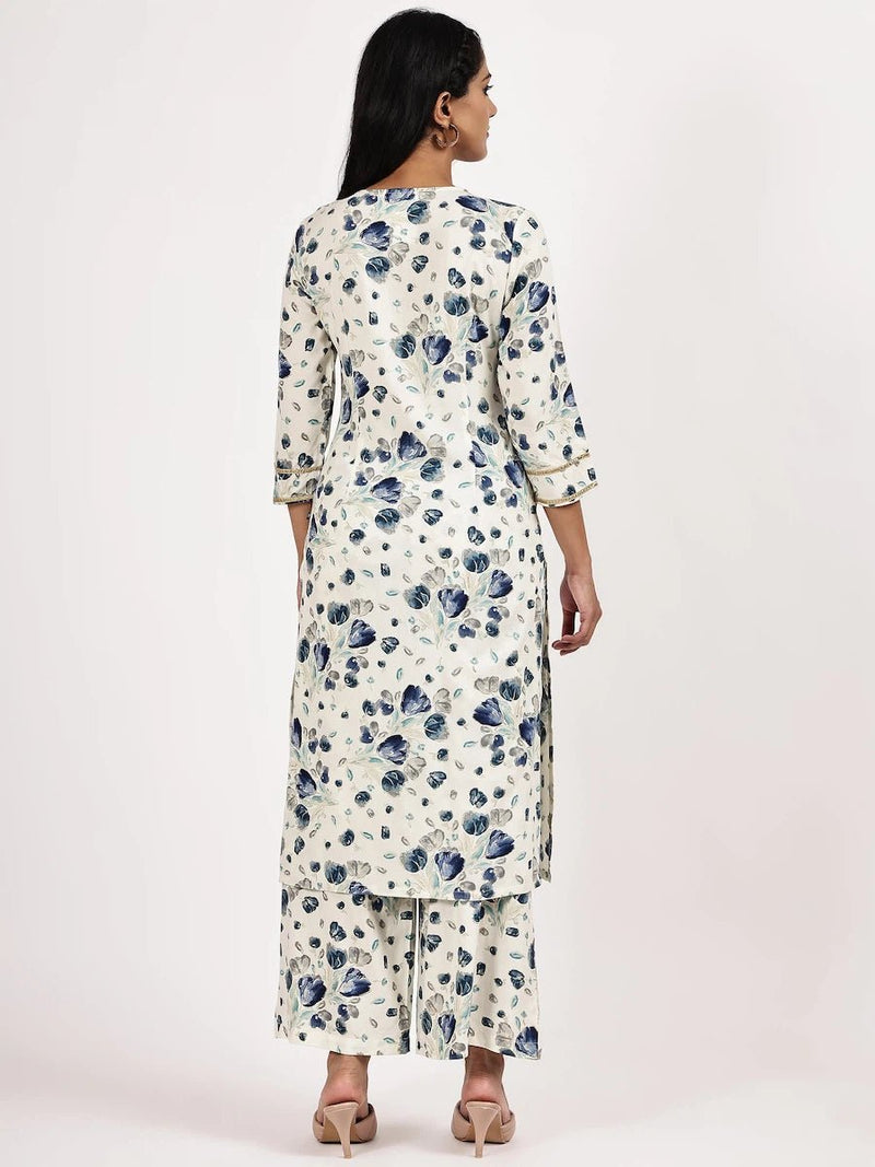 White & Blue Floral Printed Kurta with Pant