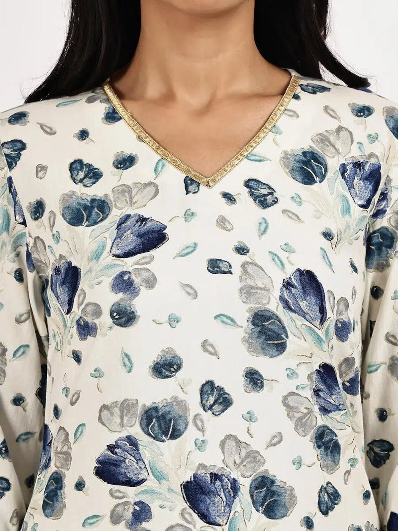 White & Blue Floral Printed Kurta with Pant