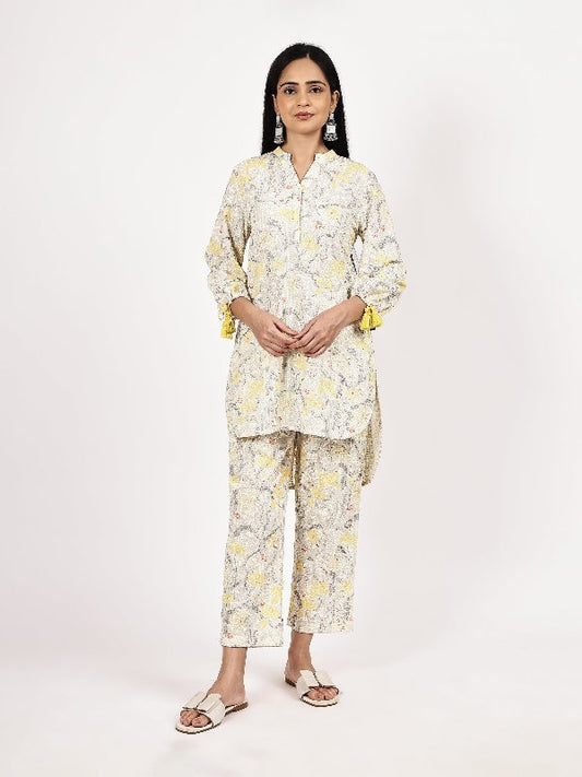 Yellow-White Schiffli with Digital Print Co-Ord Set