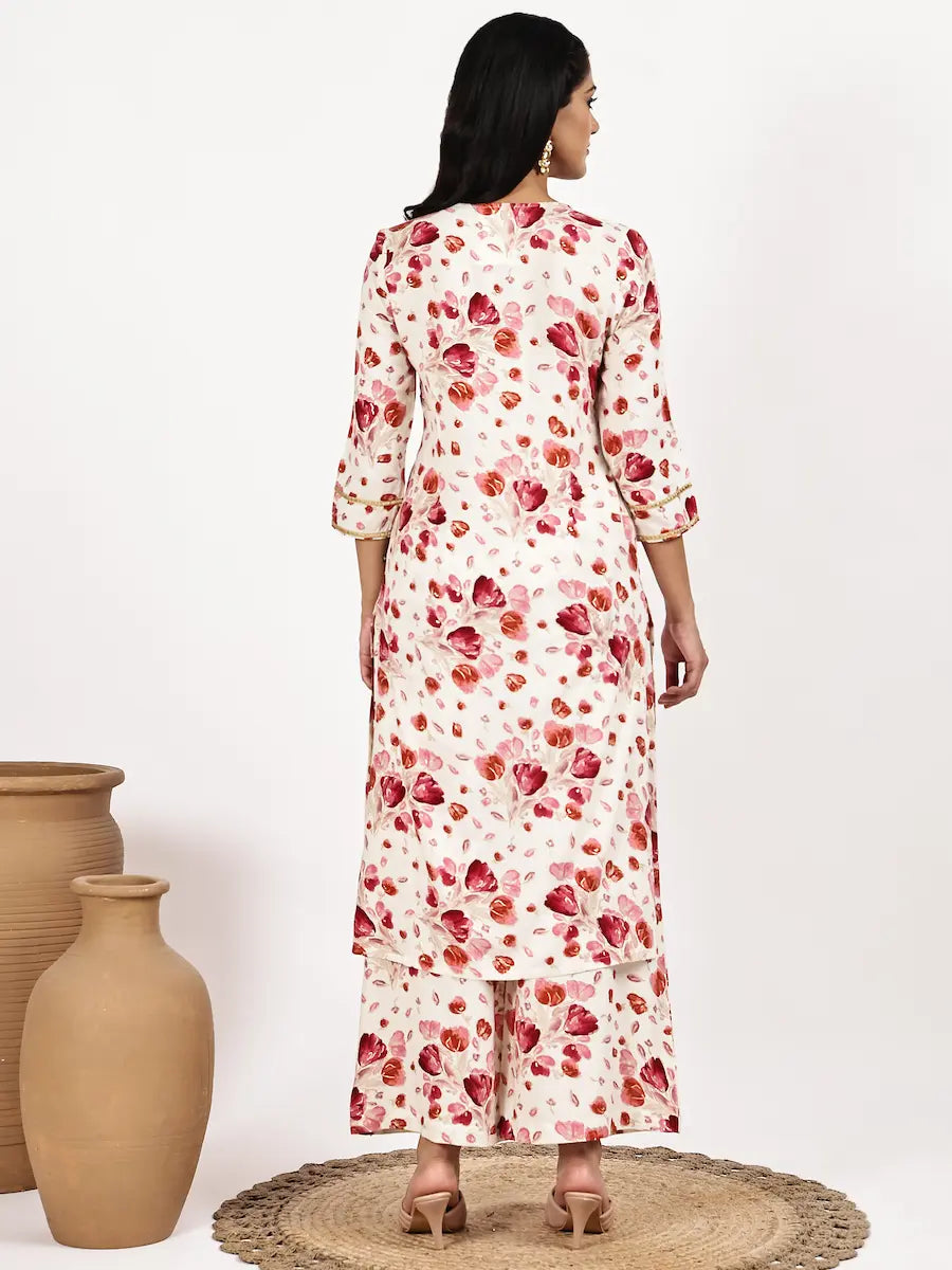 white Red Floral Print Kurta with Palazzo Set