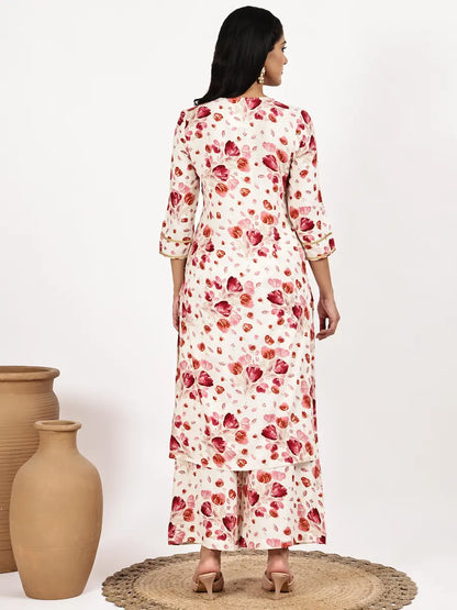 white Red Floral Print Kurta with Palazzo Set