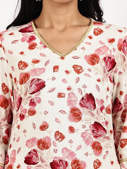white Red Floral Print Kurta with Palazzo Set