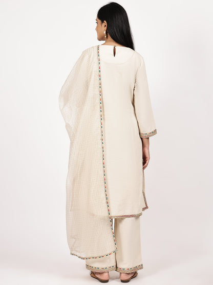Elegant Cotton Asymmetrical Embroidered Kurta Set with Sheer Dupatta