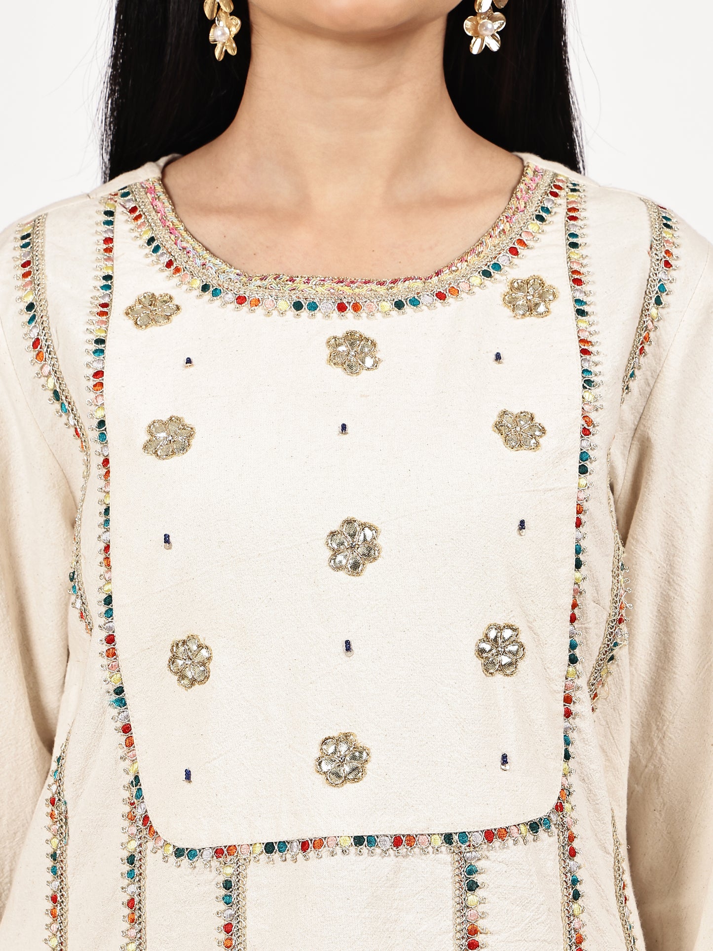 Elegant Cotton Asymmetrical Embroidered Kurta Set with Sheer Dupatta