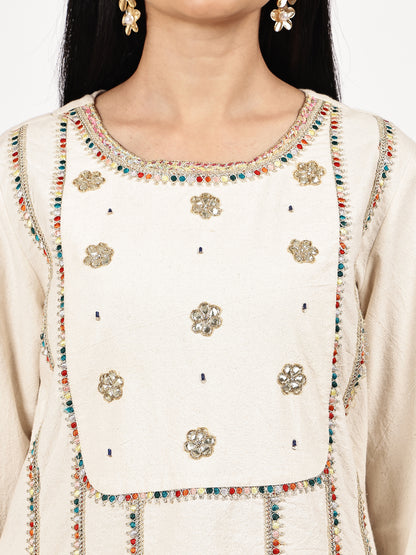 Elegant Cotton Asymmetrical Embroidered Kurta Set with Sheer Dupatta