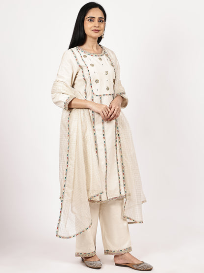 Elegant Cotton Asymmetrical Embroidered Kurta Set with Sheer Dupatta