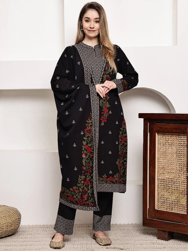 Winter - Ready Black Jacquard Kurta Set with Vibrant Red Dupatta product_color Winter Wear