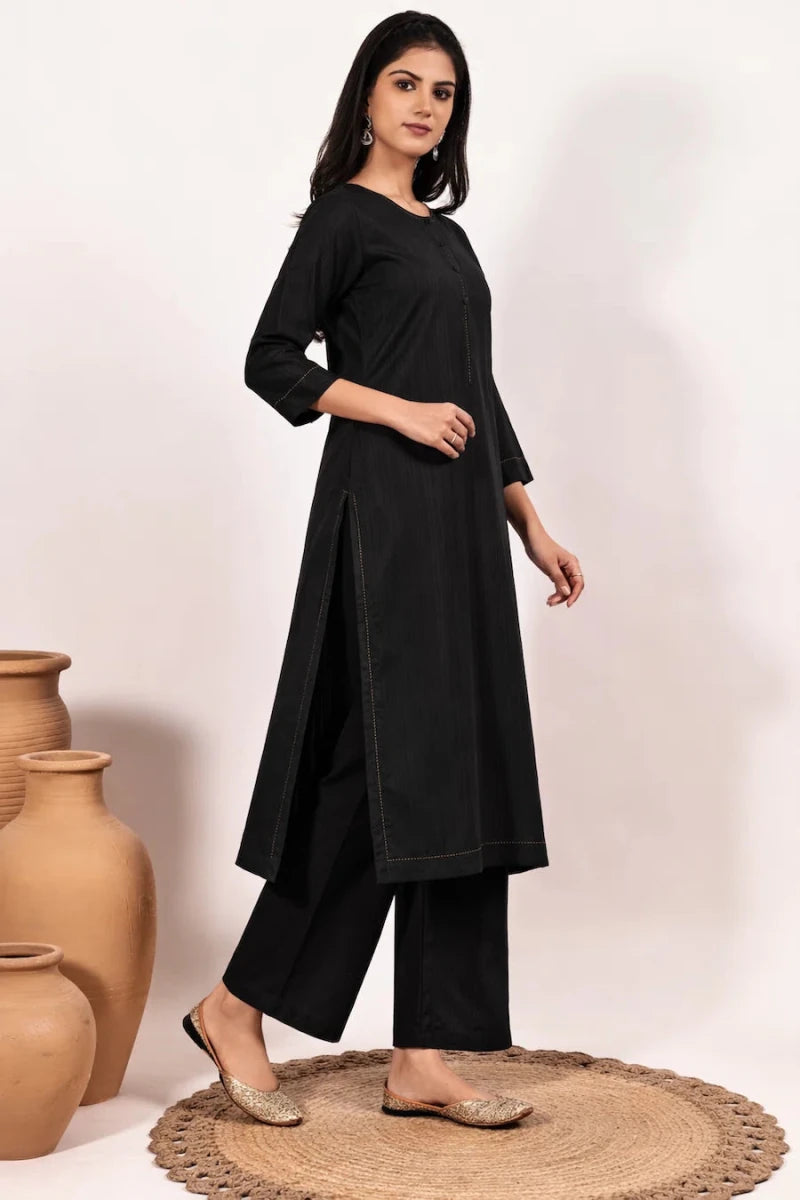 Women Solid Black Straight Kurta with Palazzo Set