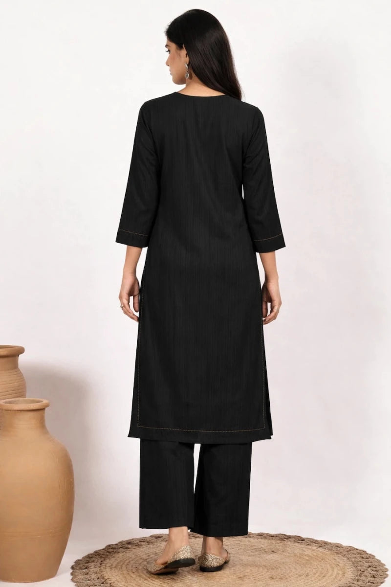 Women Solid Black Straight Kurta with Palazzo Set