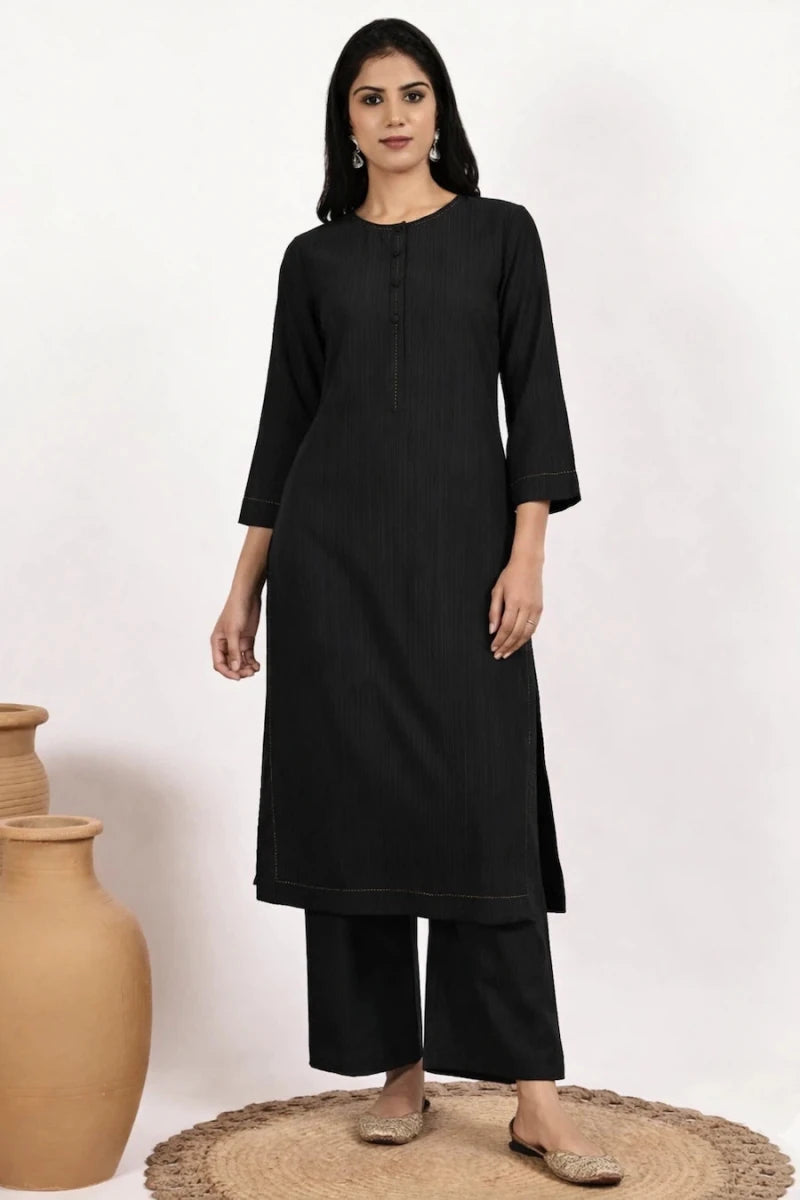 Women Solid Black Straight Kurta with Palazzo Set