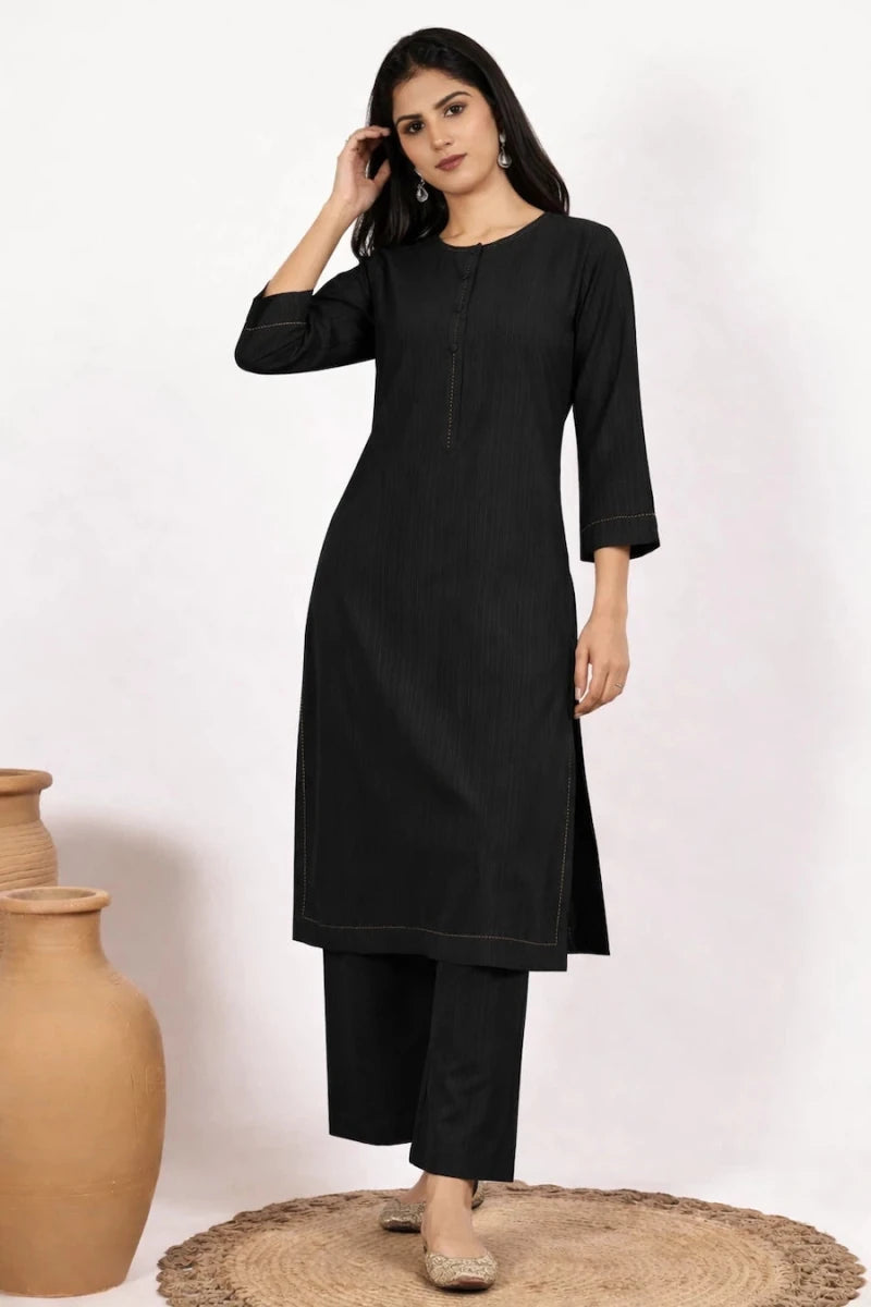 Women Solid Black Straight Kurta with Palazzo Set