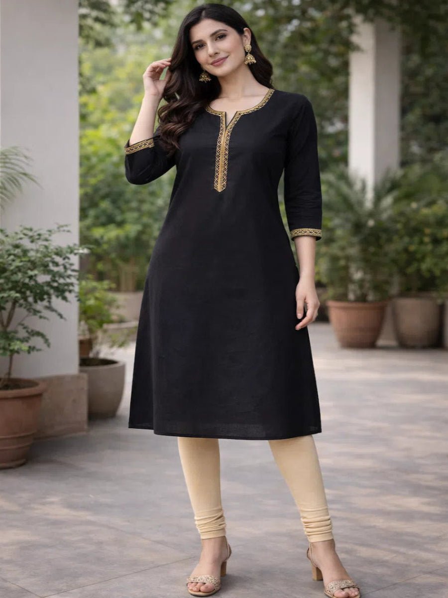 womens-black-cotton-straight-kurta-with-sequin-border-v-neck